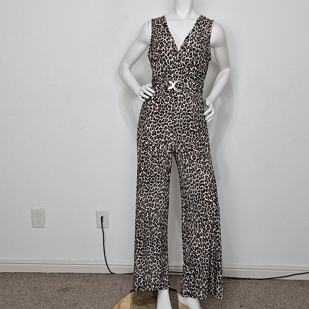 Pinc "NEW" Black Tan Animal Print Front Ring Wide Leg Mobwife Jumpsuit Size XL